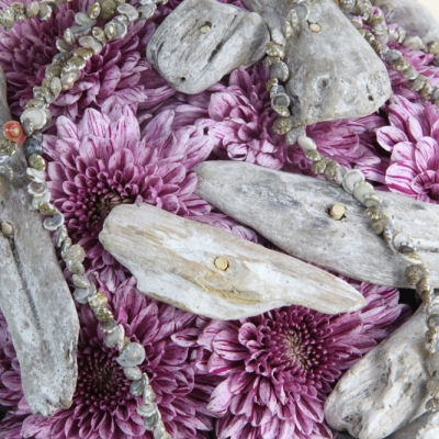 Chrysanten en stukjes drijfhout 