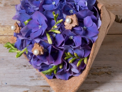 Blauw trouwboeket met Hortensia - close up