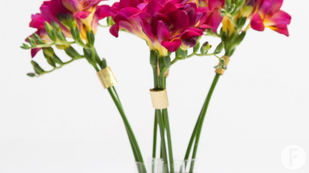 FreestyleFreesia hot pink freesia and gold vase design Flower Factor